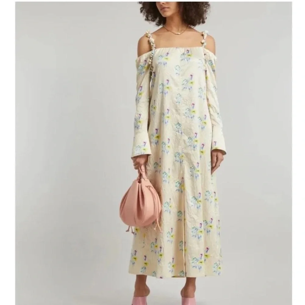 NWT GANNI - Ganni Floral Off the Shoulder Long Sleeve Crinkled Satin Maxi Dress - Picture 2 of 9
